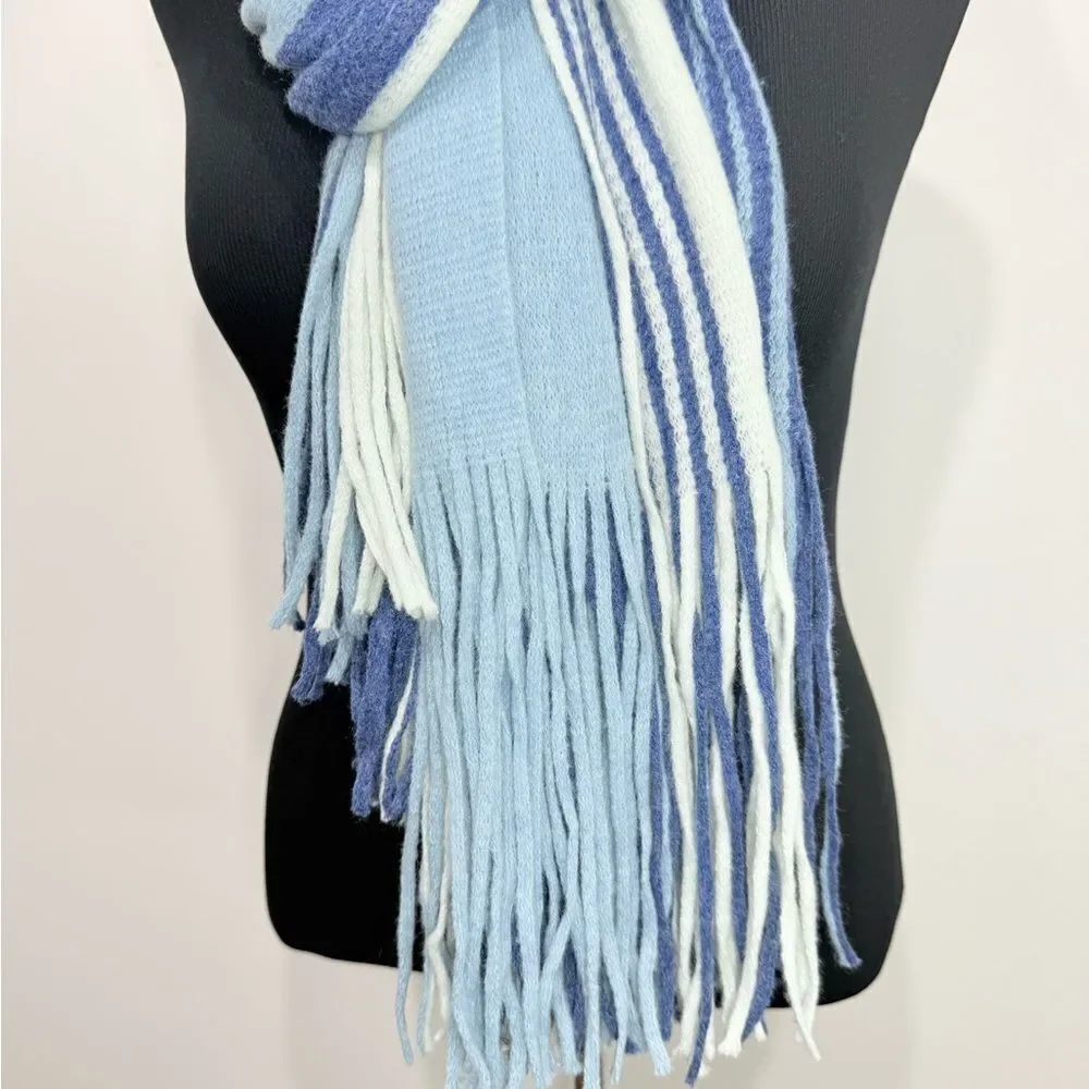 Free People Color Block Blue Stripe Oversized Fringed Edge Scarf Shawl Wrap